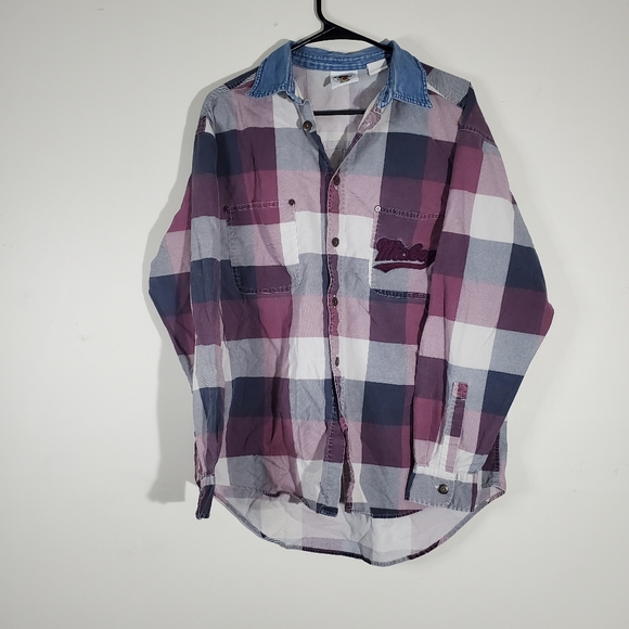 Vintage Mickey Mouse Plaid Denim Button Down Long Sleeve Shirt L/XL Purple Blue - Picture 1 of 8